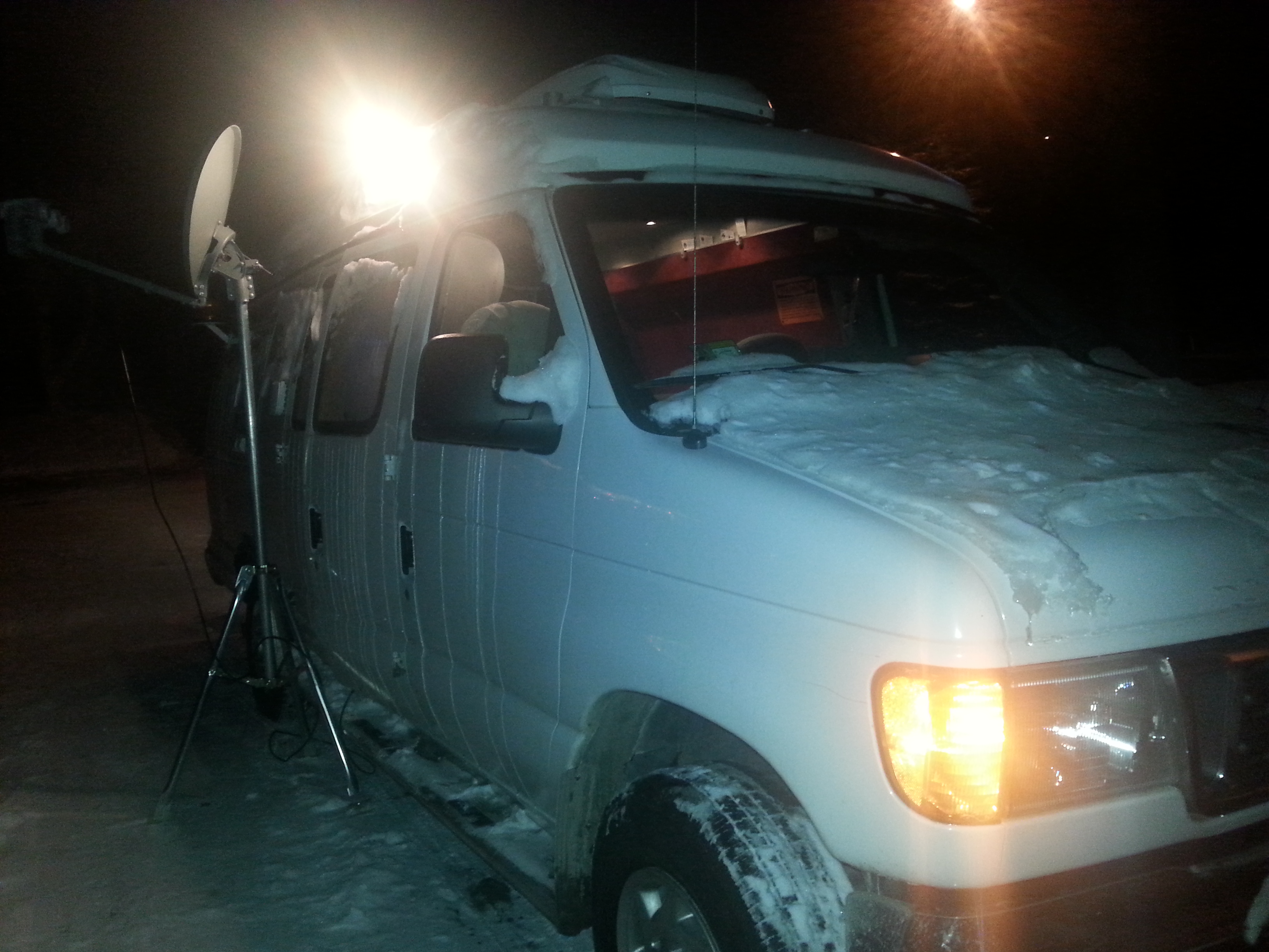 WestNet MHSV mobile operations van with satellite dish deployed — winter field operation, December 2014