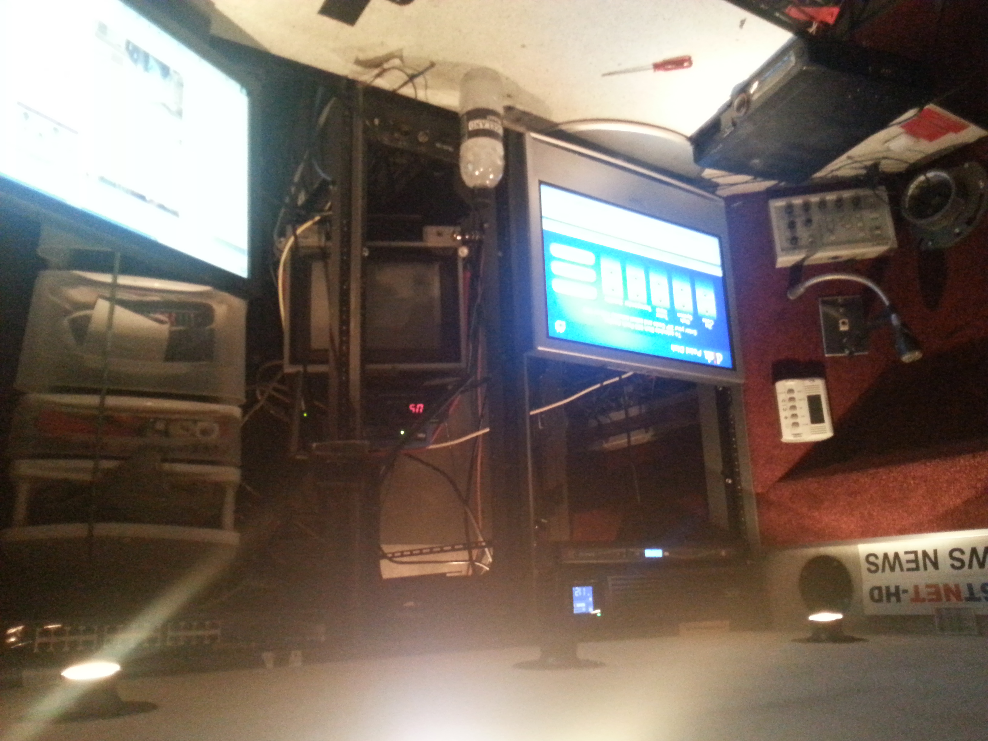 WestNet News HD mobile van interior — rack-mounted networking and broadcast equipment, December 2014